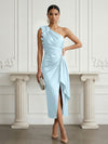 Satin Sheath One Shoulder Cocktail Dresses with 3D Flowers