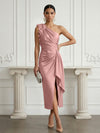 Satin Sheath One Shoulder Cocktail Dresses with 3D Flowers
