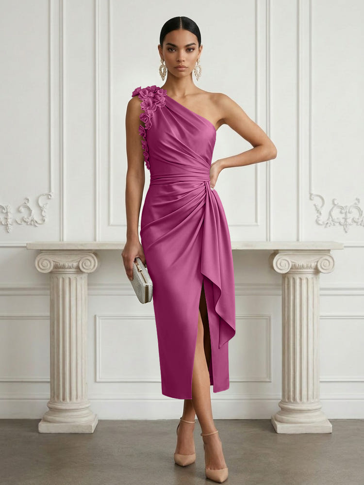 Satin Sheath One Shoulder Cocktail Dresses with 3D Flowers