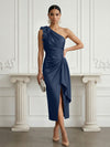 Satin Sheath One Shoulder Cocktail Dresses with 3D Flowers