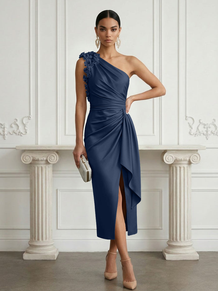 Satin Sheath One Shoulder Tea Length Cocktail Dresses with 3D Flowers