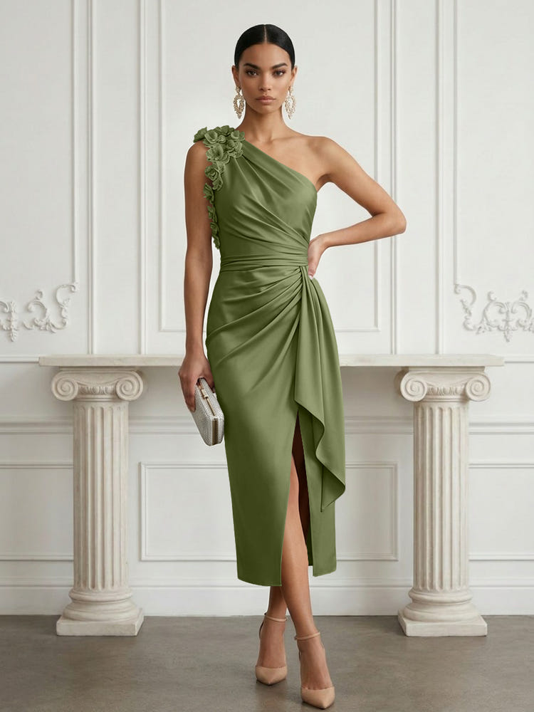 Satin Sheath One Shoulder Cocktail Dresses with 3D Flowers