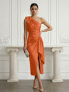 Satin Sheath One Shoulder Cocktail Dresses with 3D Flowers