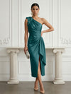 Satin Sheath One Shoulder Cocktail Dresses with 3D Flowers