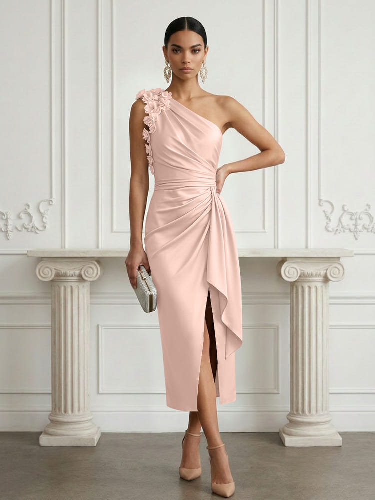 Satin Sheath One Shoulder Cocktail Dresses with 3D Flowers
