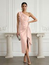 Satin Sheath One Shoulder Cocktail Dresses with 3D Flowers