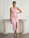 Satin Sheath One Shoulder Cocktail Dresses with 3D Flowers