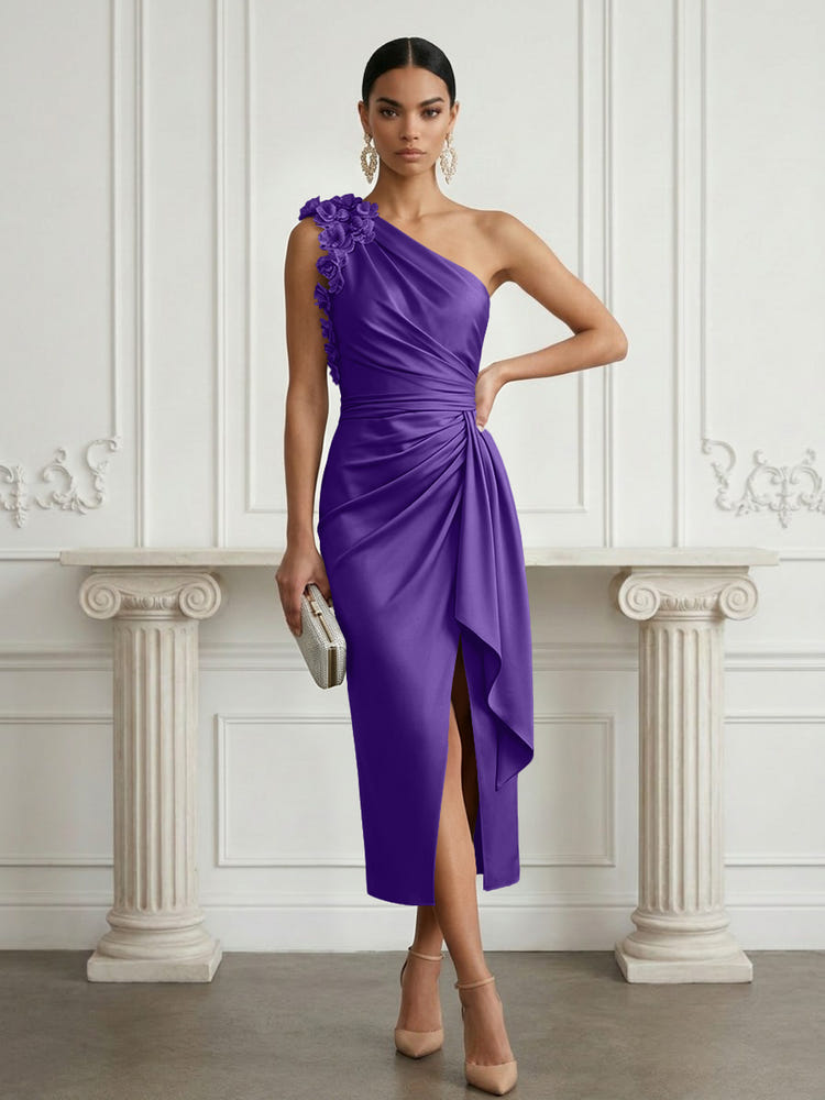 Satin Sheath One Shoulder Cocktail Dresses with 3D Flowers