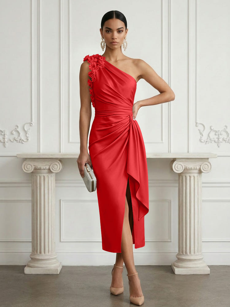 Satin Sheath One Shoulder Cocktail Dresses with 3D Flowers