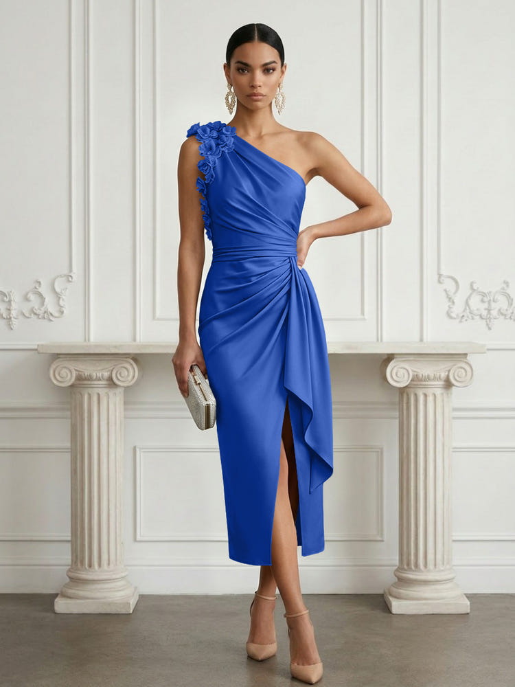 Satin Sheath One Shoulder Cocktail Dresses with 3D Flowers