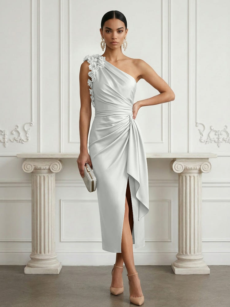 Satin Sheath One Shoulder Cocktail Dresses with 3D Flowers