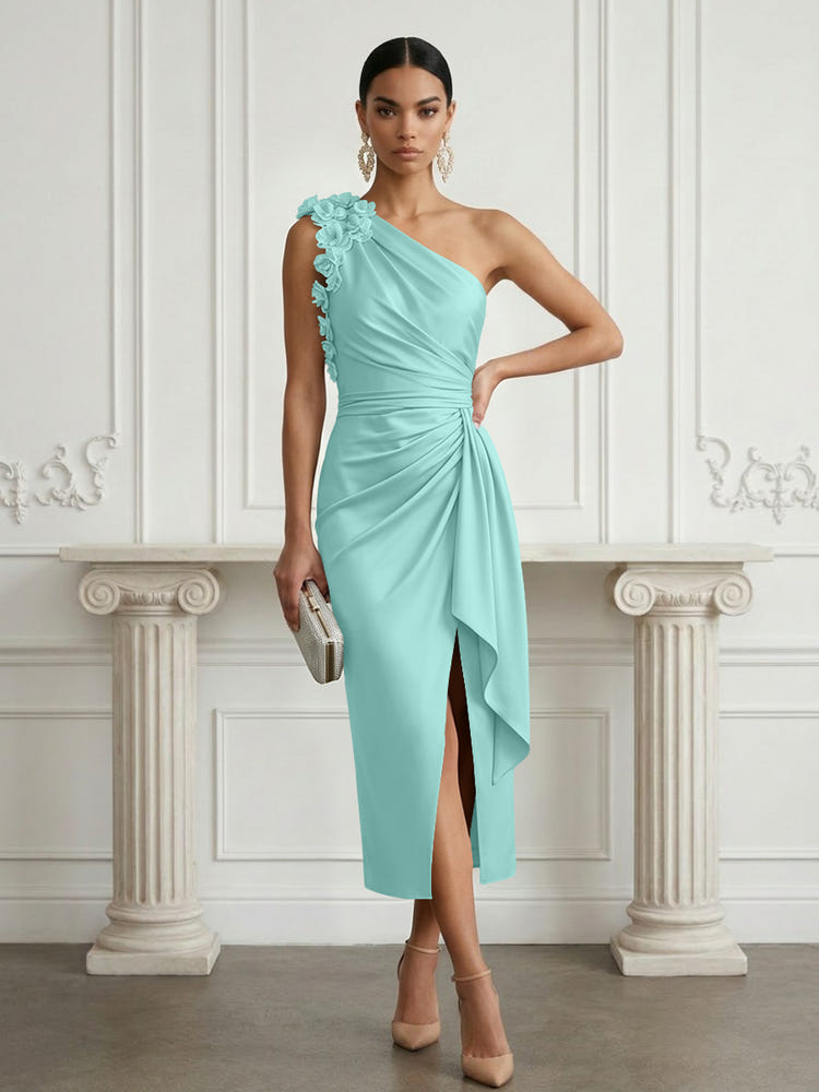 Satin Sheath One Shoulder Cocktail Dresses with 3D Flowers