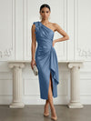 Satin Sheath One Shoulder Cocktail Dresses with 3D Flowers