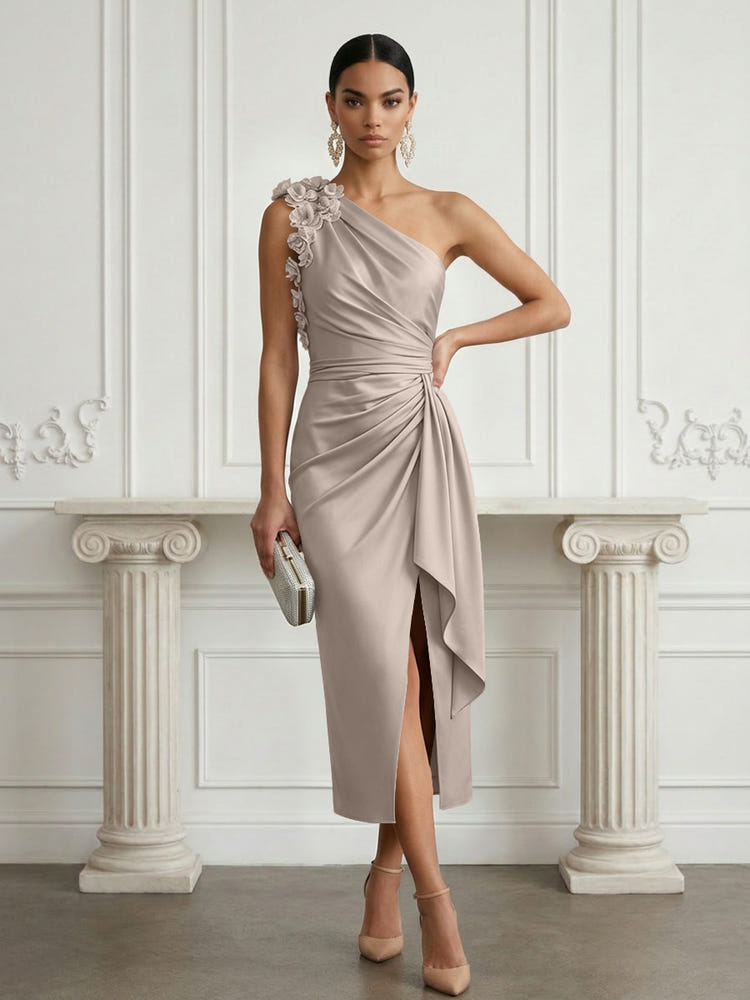 Satin Sheath One Shoulder Cocktail Dresses with 3D Flowers
