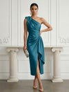 Satin Sheath One Shoulder Cocktail Dresses with 3D Flowers