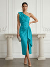 Satin Sheath One Shoulder Cocktail Dresses with 3D Flowers