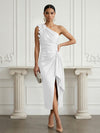 Satin Sheath One Shoulder Cocktail Dresses with 3D Flowers