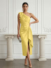 Satin Sheath One Shoulder Cocktail Dresses with 3D Flowers
