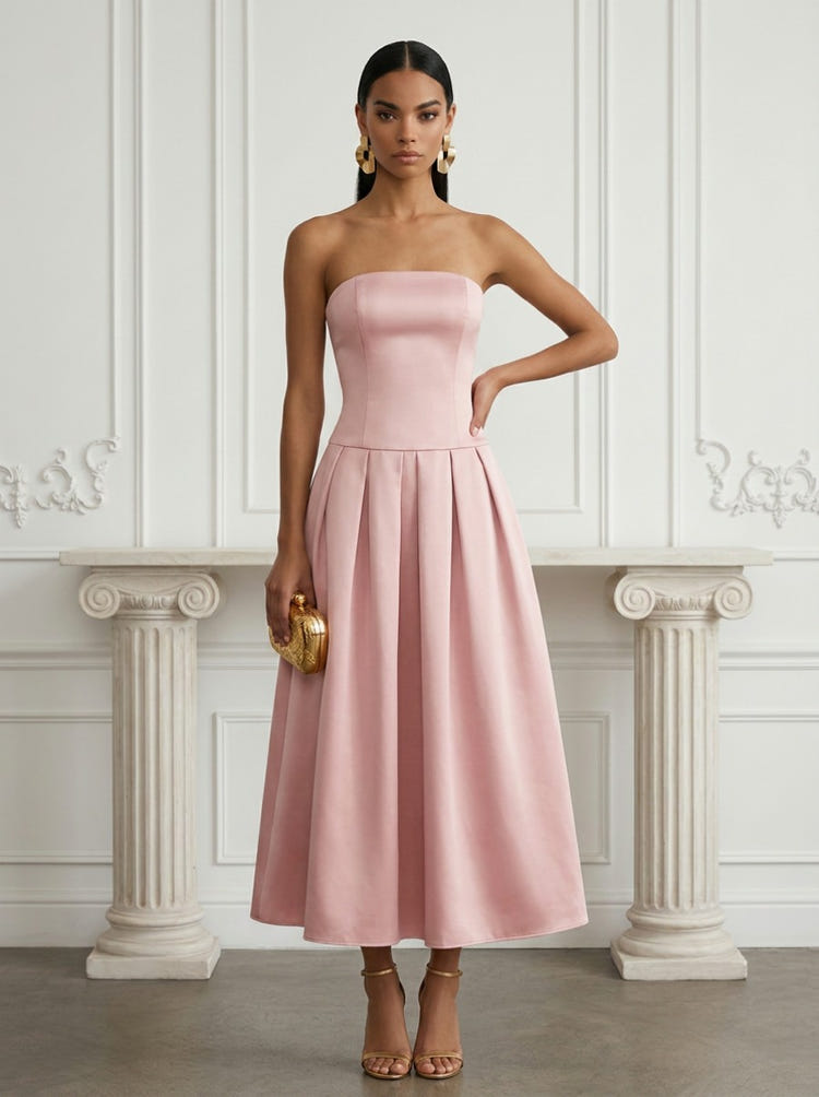 Satin A-Line Strapless Pleated Cocktail Dresses