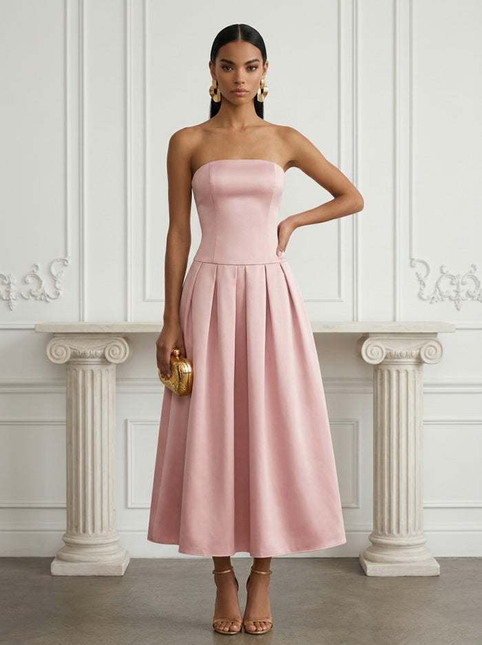 Satin A-Line Strapless Pleated Cocktail Dresses