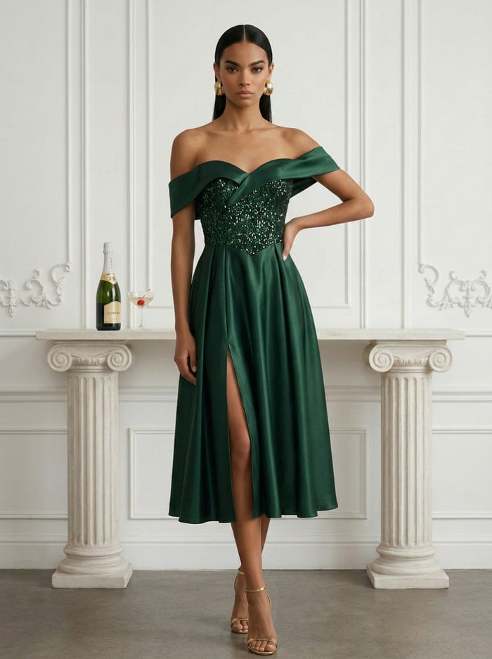 Satin A-Line Off the Shoulder Cocktail Dresses with Side Slit