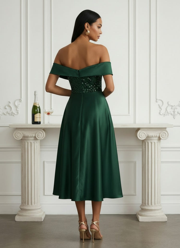 Satin A-Line Off the Shoulder Cocktail Dresses with Side Slit