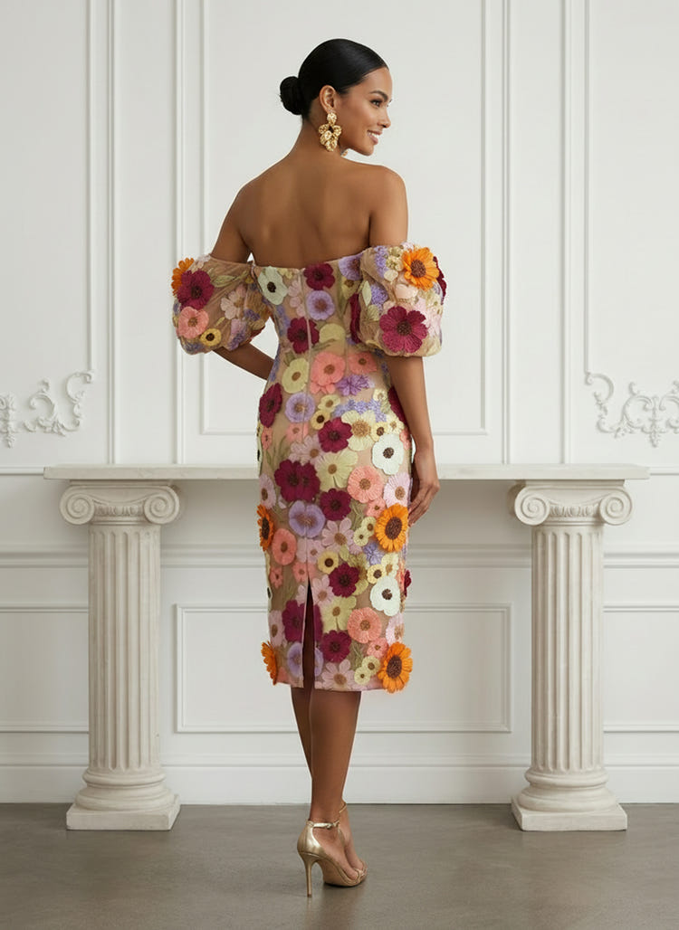 Tulle Sheath Off the Shoulder Cocktail Dresses with 3D Flowers