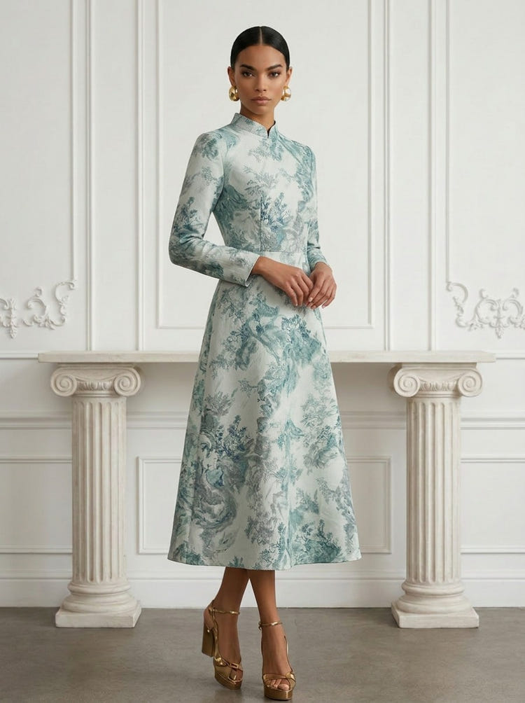 Jacquard A-Line Stand Colla Floral Cocktail Dresses