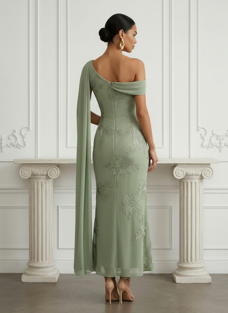 Tulle Mermaid One Shoulder Cocktail Dresses with Floral Embroidery