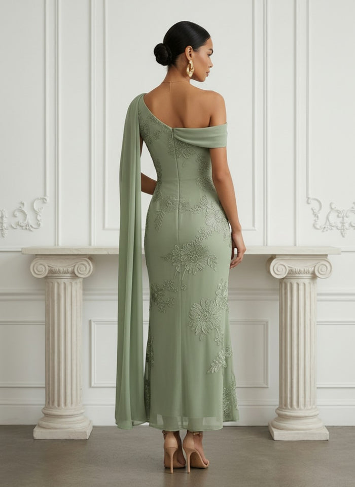 Tulle Mermaid One Shoulder Cocktail Dresses with Floral Embroidery