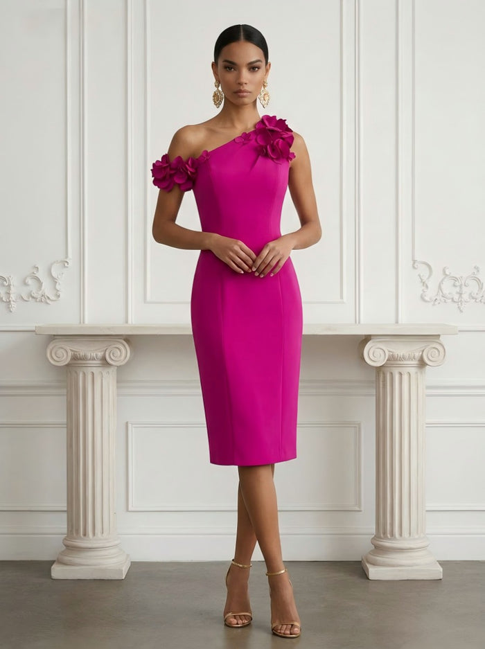 Jersey Sheath One Shoulder Cocktail Dresses with 3D Flowers