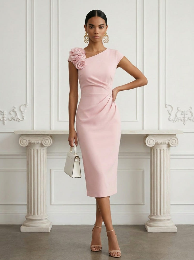 Jersey Sheath Asymmetric Neck Cocktail Dresses with 3D Flowers