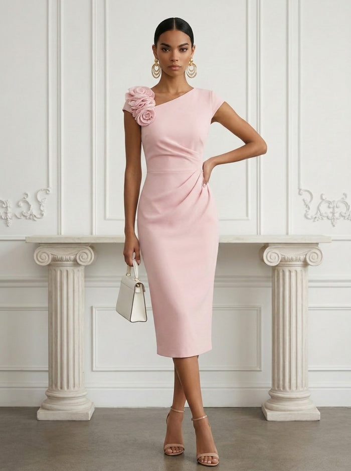Jersey Sheath Asymmetric Neck Cocktail Dresses with 3D Flowers