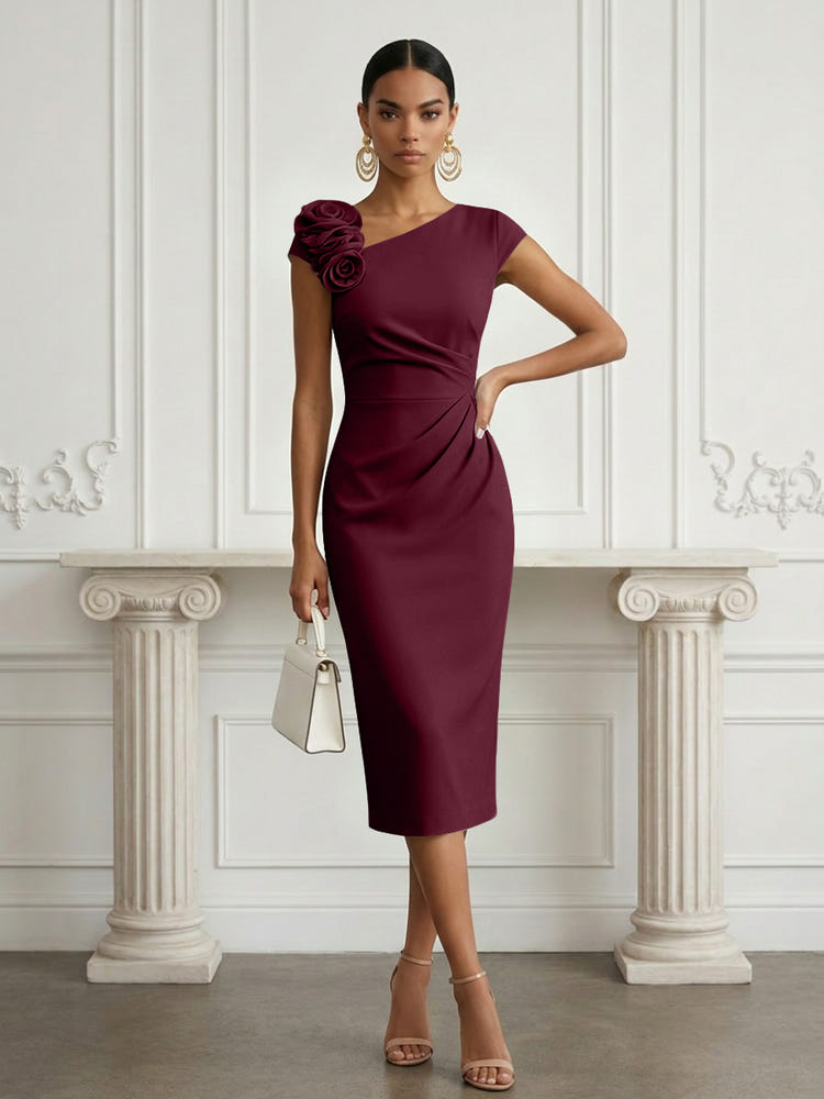 Jersey Sheath Asymmetric Neck Cocktail Dresses with 3D Flowers