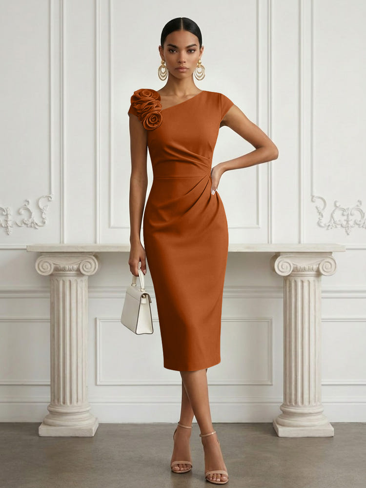 Jersey Sheath Asymmetric Neck Cocktail Dresses with 3D Flowers