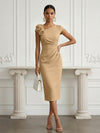 Jersey Sheath Asymmetric Neck Cocktail Dresses with 3D Flowers