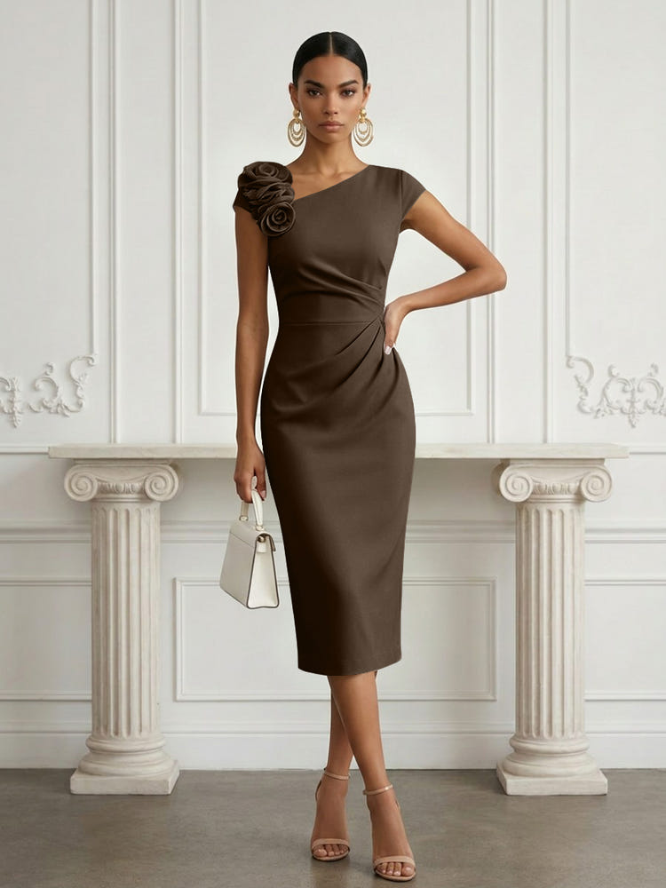 Jersey Sheath Asymmetric Neck Cocktail Dresses with 3D Flowers