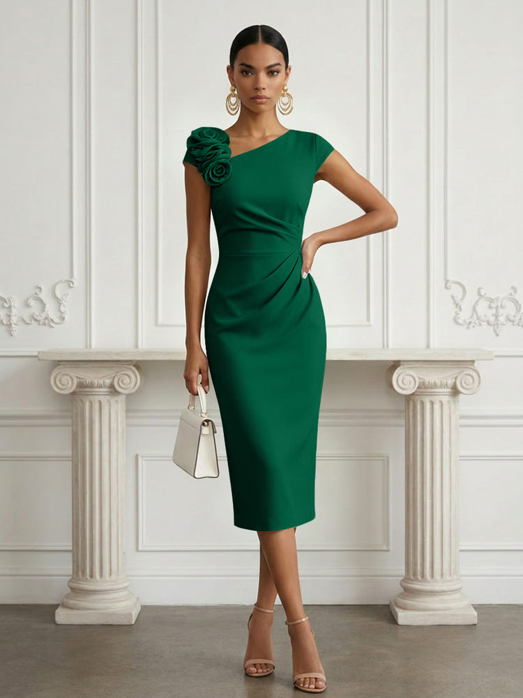 Jersey Sheath Asymmetric Neck Cocktail Dresses with 3D Flowers