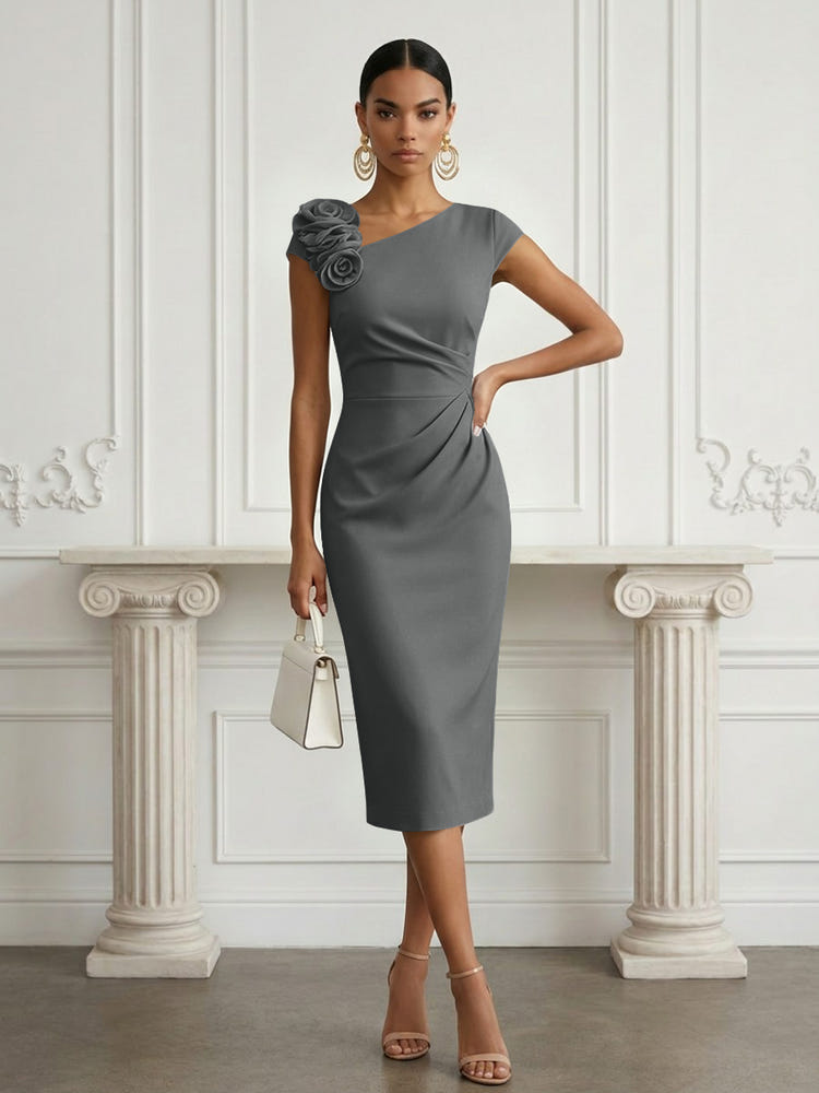 Jersey Sheath Asymmetric Neck Cocktail Dresses with 3D Flowers