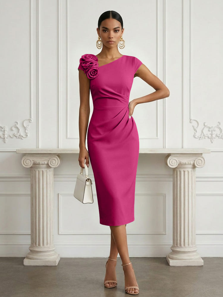 Jersey Sheath Asymmetric Neck Cocktail Dresses with 3D Flowers