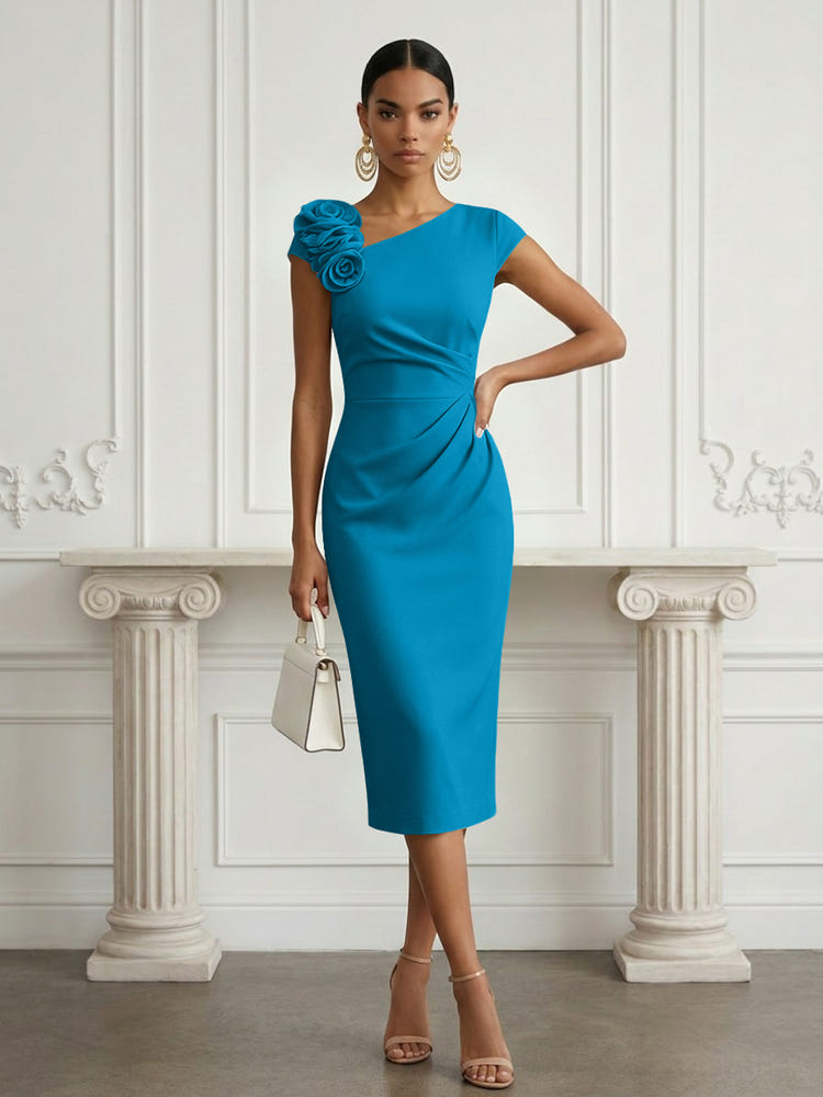 Jersey Sheath Asymmetric Neck Cocktail Dresses with 3D Flowers