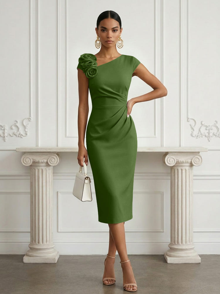 Jersey Sheath Asymmetric Neck Cocktail Dresses with 3D Flowers