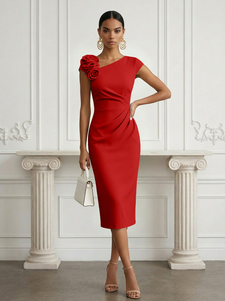 Jersey Sheath Asymmetric Neck Cocktail Dresses with 3D Flowers