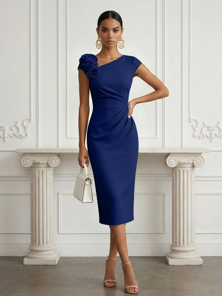 Jersey Sheath Asymmetric Neck Cocktail Dresses with 3D Flowers