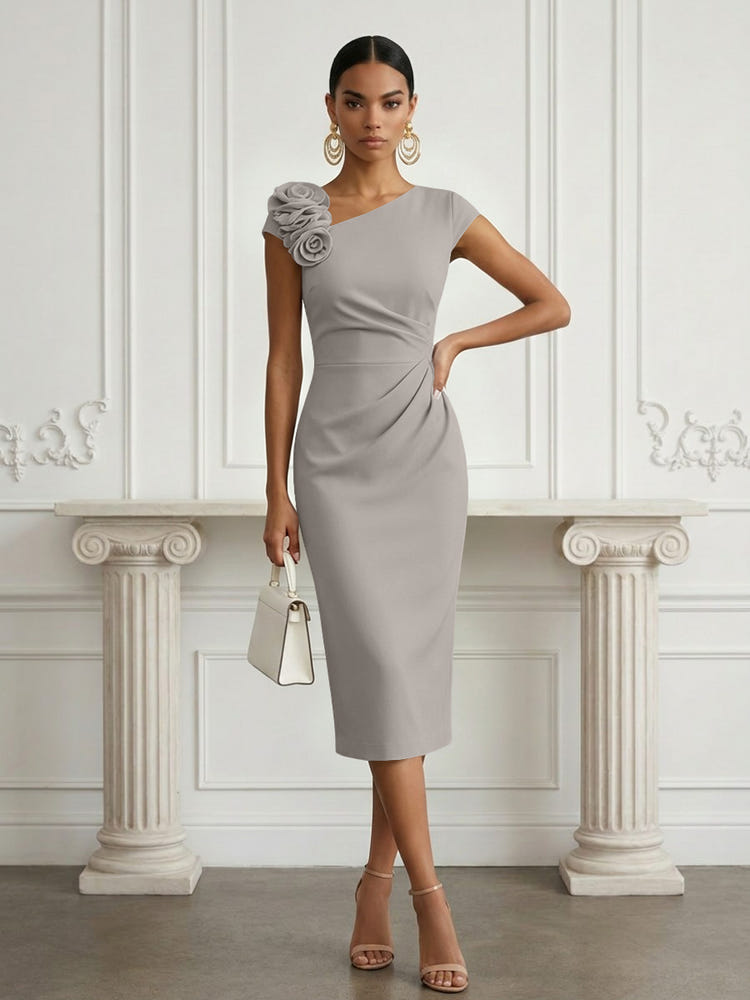 Jersey Sheath Asymmetric Neck Cocktail Dresses with 3D Flowers