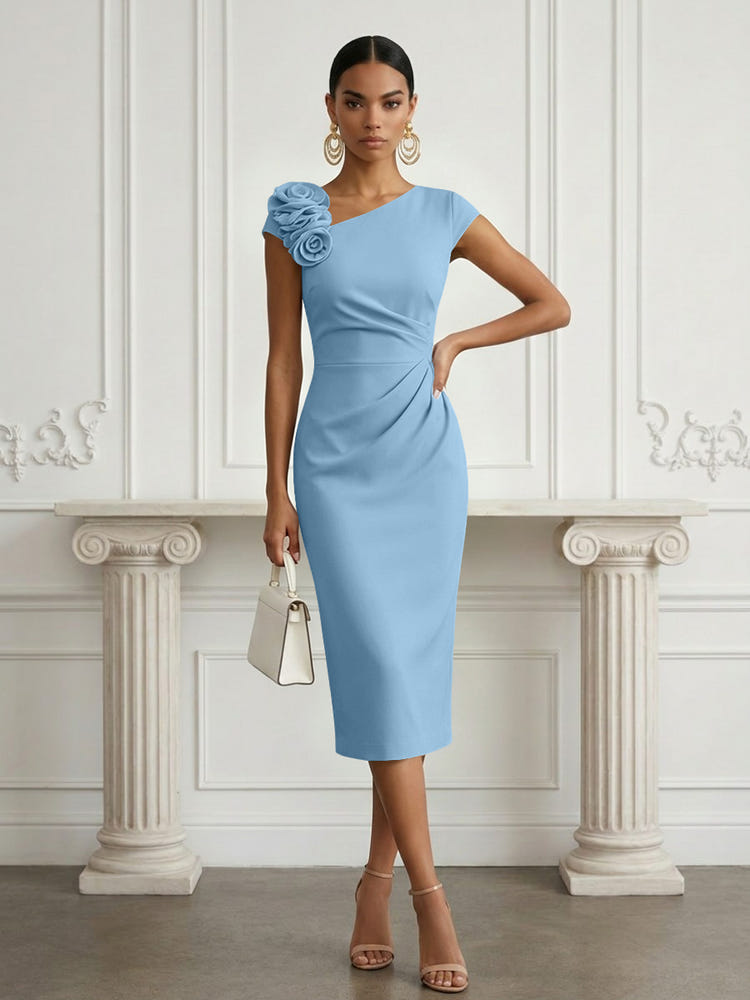 Jersey Sheath Asymmetric Neck Cocktail Dresses with 3D Flowers