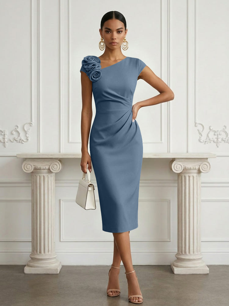 Jersey Sheath Asymmetric Neck Cocktail Dresses with 3D Flowers