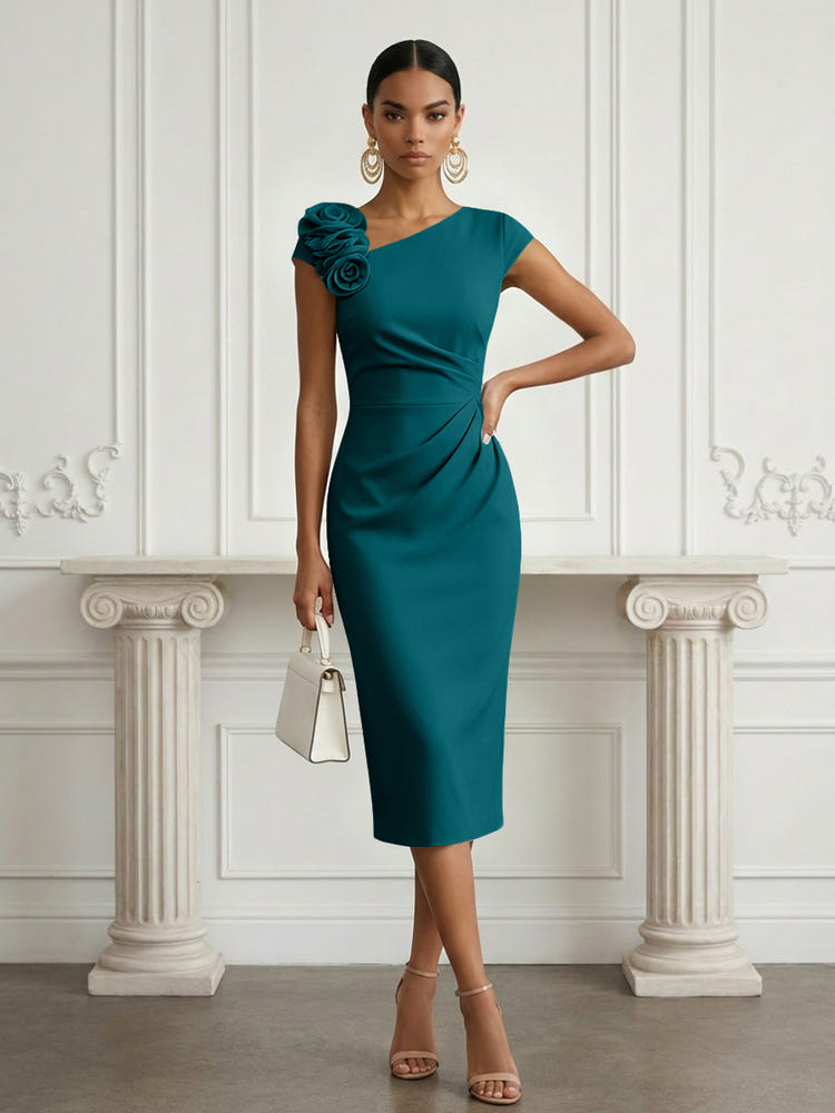 Jersey Sheath Asymmetric Neck Cocktail Dresses with 3D Flowers