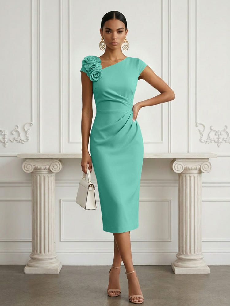 Jersey Sheath Asymmetric Neck Cocktail Dresses with 3D Flowers