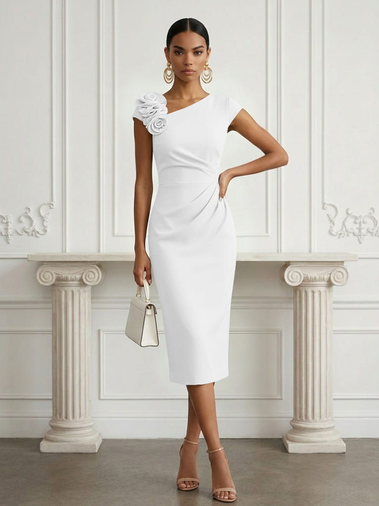 Jersey Sheath Asymmetric Neck Cocktail Dresses with 3D Flowers